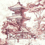 BHF - Pink Maroon Pagoda Toile Fabric Mid Century Asian Tea House Material, Sample Cut- 4" X 6" - An Asian toile fabric done in pink and maroon on cream.  This has a mid-century look.