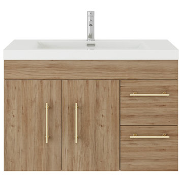 Rosa 42" Wall Mounted Vanity with Reinforced Acrylic Sink (Right Side Drawers), Natural Oak