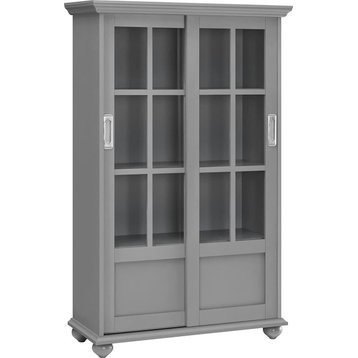 Elegant Bookcase, 2 Sliding Glass Doors With Adjustable and Fixed Shelves, Grey