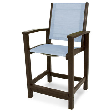 POLYWOOD Coastal Counter Chair, Mahogany/Poolside Sling