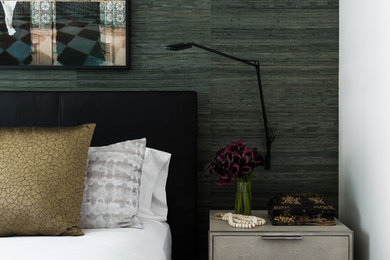 Inspiration for a small eclectic master carpeted and beige floor bedroom remodel in Seattle with green walls and no fireplace