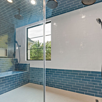 Incredible Blue & White Bath With Wall Bench & Steam Shower