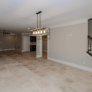 Design ideas for a medium sized traditional walk-out basement in Atlanta with beige walls, ceramic flooring, no fireplace and beige floors.