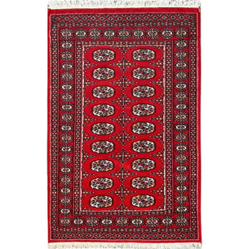 Red Princess Bokara Pure Wool Hand Knotted Oriental Rug, 3'1"x4'9"