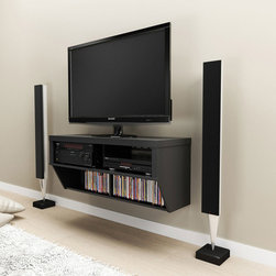 Prepac 9 Designer Collection Black 42" Wall Mounted AV Console - Display And Wall Shelves 