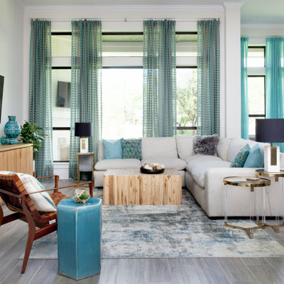 Example of a beach style family room design in Austin