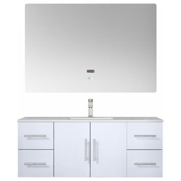 48" White Bathroom Vanity With Sink, White Marble, Wall Mount