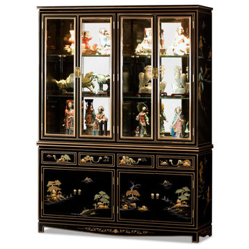 60in Black Lacquer Chinoiserie Oriental China Cabinet