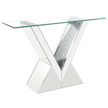 Unique Console Table, Mirrored V-Shaped Design With Faux Diamond Accent, Silver