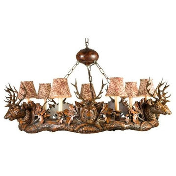 Chandelier Lodge 7 Small Stag Head Deer 7-Light Feather Pattern
