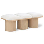 Meridian Furniture - Pavilion Black Boucle Fabric Bench, Cream, Natural Finish, 46.5" W X 18" D X 17.5" H - Bring valuable seating and remarkable style to your space with this cream Pavilion boucle fabric bench, an exquisite balance of style and usability for the entryway, bedroom, and beyond. Crafted from oak veneer with a natural finish, this bench has a 4-inch-thick seat cushion that's channel-tufted for a touch of luxury. The bench's columnar bases add a dash of art deco design, making it a captivating focal point in any room.