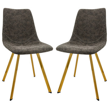 LeisureMod Markley Leather Dining Chair With Gold Legs Set of 2, Gray