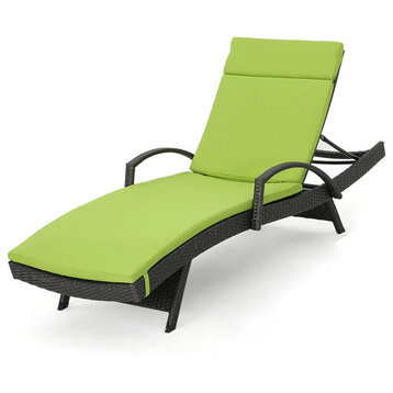 Outdoor Chaise Lounge, Wicker Covered Frame With Curved Arms & Green Cushion