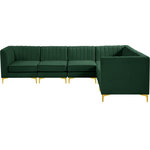 Meridian Furniture - Alina Velvet Modular L-Shaped Modular Sectional, Green, 6-Piece: 3 Armless Chair, 3 Corner Chair - Bring modern beauty to your space with the addition of this Alina Velvet Modular sectional. This beautiful sectional features deep channel tufting to ramp up its visual interest and add to its resilient demeanor. Its soft green velvet upholstery blends nicely with existing elements in your room and is sleek to the touch, making this seat a super comfortable one. Part of the modular Alina collection, this sectional has a latch that attaches it to other pieces to create your custom seating arrangement.