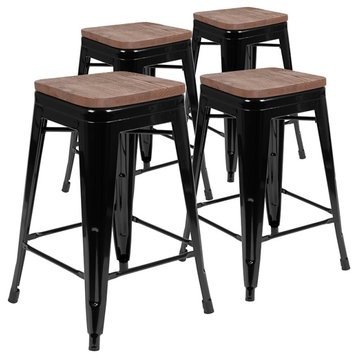 24" Counter-Height Indoor Metal Bar Stool w/Wood Seat - Stackable Set of 4, Blac