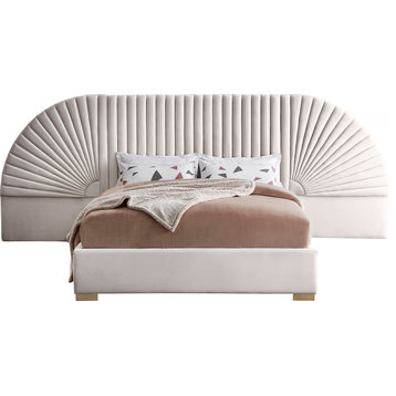 Cleo Velvet Upholstered Bed With Custom Gold Steel Legs, Cream, Queen