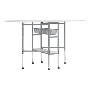 Sew Ready Folding Height Adjustable Fabric Cutting Table w/Grid Top-Silver/White