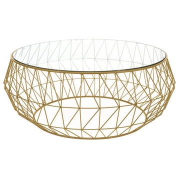 LeisureMod Malibu Modern Round Glass Top Coffee Table With Metal Base, Gold