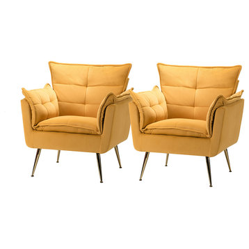 Contemporary Velvet Armchair Set of 2, Mustard