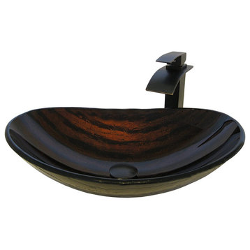Unique Bathroom Sink With Tall Faucet, Curved Tempered Glass, Oil Rubbed Bronze