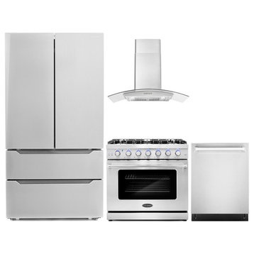 4-Piece, 36" Gas Range, Wall Mount Range Hood, Dishwasher and Refrigerator