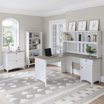Salinas L Shaped Desk with Hutch and Storage in White/Shiplap - Engineered Wood