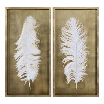Gold White Natural Feather Wall Art, 2-Piece Set