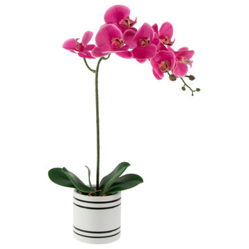 2' Pink Artificial Spring Orchids, a Striped Ceramic Pot