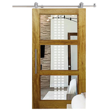 3 Lite Oak Solid Wood Sliding Barn Door With Mirror, 34"x84" Inches, 2x Mirror (Front & Back Side), Right