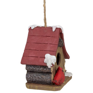7" Brown and Red Christmas Birdhouse With Cardinals