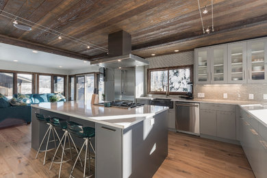 Inspiration for a large contemporary l-shaped light wood floor open concept kitchen remodel in Denver with a farmhouse sink, glass-front cabinets, gray cabinets, white backsplash, matchstick tile backsplash, stainless steel appliances and an island