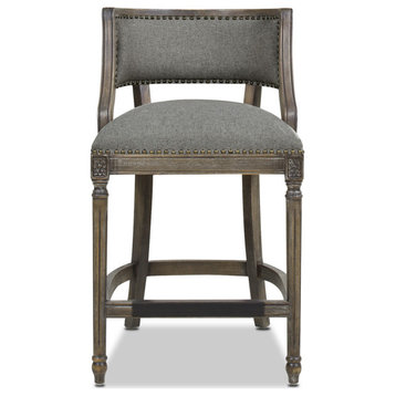 Paris Farmhouse Stool with Backrest, Heathered Gray Linen, 26.5" Counter Height