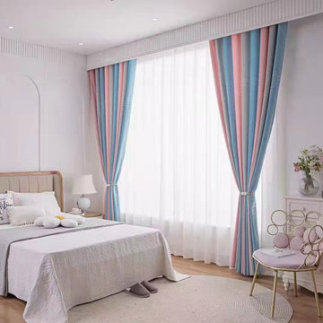 QYFL224C On Sales Petrel Pink Blue Grey Stripe Chenille Custom Made Curtains