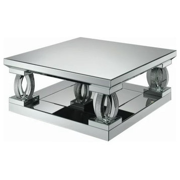 Contemporary Coffee Table, Mirrored Design With Rhinestone Accents, Square Top