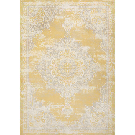 Alhambra Ornate Medallion Modern Runner Rug, Yellow/Cream, 8x10