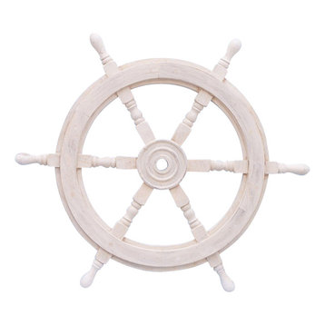 Classic Wooden Whitewash Ship Steering Wheel 24'', Decorative Wood Ships Wheel