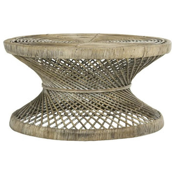 Contemporary Coffee Table, Bowed Rattan Design With Round Top, Gray Wash White