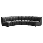 Meridian Furniture - Infinity Channel Tufted Velvet Modular Chair, Gray, 4 Piece - Create a seating group that works for every possible situation with this Infinity modular 4-piece sectional and other pieces in the Infinity collection. Upholstered in soft grey velvet material that feels great against the skin and offers long-wearing beauty, this piece fits with other Infinity items for an infinite number of combinations that get your seating requirements just right but that look just as nice when used on their own.