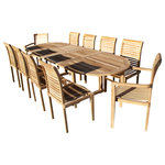 Windsor Teak Furniture - Grade A Teak 108" Ext Table With 10 Stacking Chairs, The Buckingham - The Buckingham Oval 108" x 39" Double Leaf Extension Table W/10 Casa Blanca Stacking Chairs (2 w/Arms and 8 w/o Arms)is a beautiful table and chairs package! The double leaf extension table comes with a unique butterfly design that allows you to open and close the table in 15 seconds. And with two leafs you get 3 different size tables to use...opened at 108"...then 88" with one leaf up and 68" closed. Plus with a double leaf table you always have the umbrella hole accessible since it's on the dividing slat in the center of the table...with single leaf tables you lose the umbrella hole when the table is closed. The Casablanca stacking chairs are very comfortable with their contoured seats and backs and have that "designer" look. Some assembly on the table.