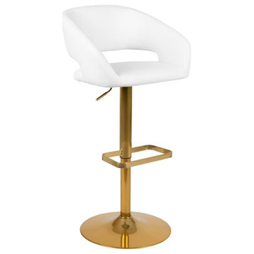 Flash Furniture Faux Leather Mid Back Adjustable Bar Stool in White and Gold