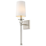Z-Lite - Mia One Light Wall Sconce, Brushed Nickel - Light up a powder room bedroom or hallway with the exquisite artistry of this one-light wall sconce. A traditional lamp motif is modernized with tailored design elements featuring brushed nickel finish steel and crystal. Topped with a fresh white fabric shade this sconce becomes part of a sophisticated look in a contemporary or transitional space.
