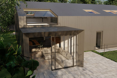 Diseño de fachada de casa gris y gris moderna de tamaño medio de dos plantas con revestimiento de metal, tejado a dos aguas y tejado de metal