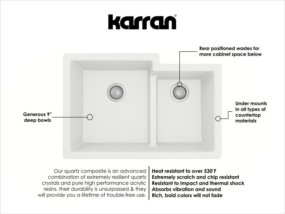 Karran 32" Undermount Large/Small Bowl Quartz Kitchen Sink, White