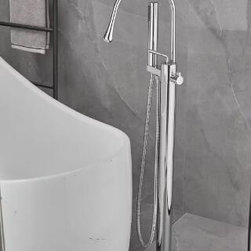 Chrome Freestanding Floor Mount With Hand Shower Single Handle Brass Bathtub Tap BFC0577 - Bathtub Faucets