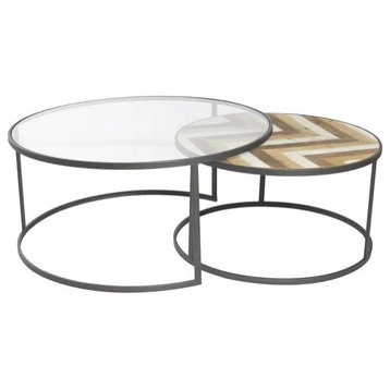 Set of 2, Contemporary Coffee Table, Clear Glass Top and Chevron Patterned Top