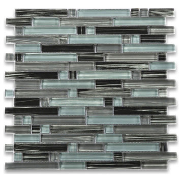 Glass Mosaic Tile Grey Blue Black Glass Brick Cane Backsplashes, 1 sheet