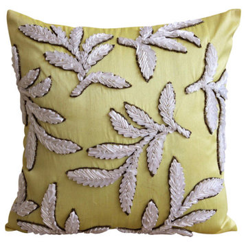 Ribbon Leaf Yellow Art Silk 12"x12" Pillow Covers, White Leaves