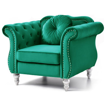 Hollywood Green Chesterfield Tufted Velvet Accent Chair With Round Throw Pillow
