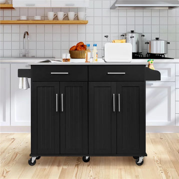 Contemporary Kitchen Cart, Spacious Cabinets With Stainless Steel Top, Black