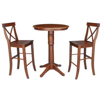 30" Round Pedestal Bar Height Table With 2 X-Back Bar Height Stools, Espresso